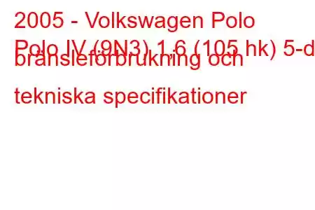 2005 - Volkswagen Polo
Polo IV (9N3) 1,6 (105 hk) 5-d bränsleförbrukning och tekniska specifikationer