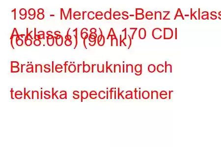 1998 - Mercedes-Benz A-klass
A-klass (168) A 170 CDI (668.008) (90 hk) Bränsleförbrukning och tekniska specifikationer