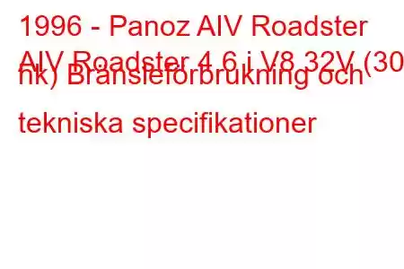 1996 - Panoz AIV Roadster
AIV Roadster 4.6 i V8 32V (309 hk) Bränsleförbrukning och tekniska specifikationer