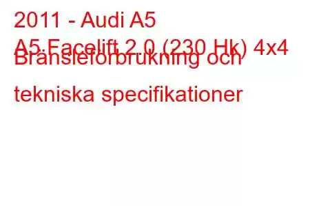 2011 - Audi A5
A5 Facelift 2.0 (230 Hk) 4x4 Bränsleförbrukning och tekniska specifikationer