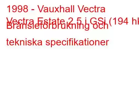 1998 - Vauxhall Vectra
Vectra Estate 2.5 i GSi (194 hk) Bränsleförbrukning och tekniska specifikationer