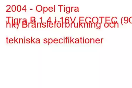 2004 - Opel Tigra
Tigra B 1.4 i 16V ECOTEC (90 hk) Bränsleförbrukning och tekniska specifikationer