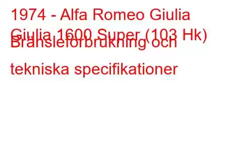 1974 - Alfa Romeo Giulia
Giulia 1600 Super (103 Hk) Bränsleförbrukning och tekniska specifikationer