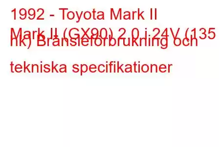 1992 - Toyota Mark II
Mark II (GX90) 2.0 i 24V (135 hk) Bränsleförbrukning och tekniska specifikationer