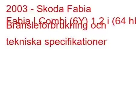 2003 - Skoda Fabia
Fabia I Combi (6Y) 1,2 i (64 hk) Bränsleförbrukning och tekniska specifikationer