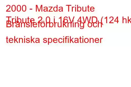 2000 - Mazda Tribute
Tribute 2.0 i 16V 4WD (124 hk) Bränsleförbrukning och tekniska specifikationer