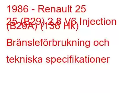 1986 - Renault 25
25 (B29) 2.8 V6 Injection (B29A) (136 Hk) Bränsleförbrukning och tekniska specifikationer