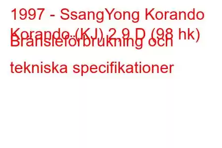 1997 - SsangYong Korando
Korando (KJ) 2,9 D (98 hk) Bränsleförbrukning och tekniska specifikationer