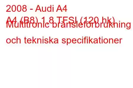 2008 - Audi A4
A4 (B8) 1,8 TFSI (120 hk) Multitronic bränsleförbrukning och tekniska specifikationer