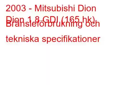 2003 - Mitsubishi Dion
Dion 1.8 GDI (165 hk) Bränsleförbrukning och tekniska specifikationer