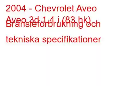 2004 - Chevrolet Aveo
Aveo 3d 1,4 i (83 hk) Bränsleförbrukning och tekniska specifikationer