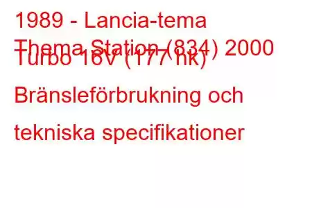 1989 - Lancia-tema
Thema Station (834) 2000 Turbo 16V (177 hk) Bränsleförbrukning och tekniska specifikationer