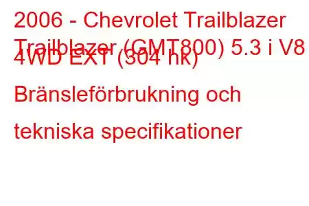 2006 - Chevrolet Trailblazer
Trailblazer (GMT800) 5.3 i V8 4WD EXT (304 hk) Bränsleförbrukning och tekniska specifikationer