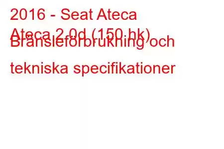 2016 - Seat Ateca
Ateca 2.0d (150 hk) Bränsleförbrukning och tekniska specifikationer