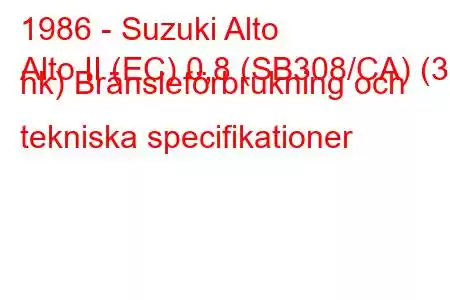 1986 - Suzuki Alto
Alto II (EC) 0,8 (SB308/CA) (39 hk) Bränsleförbrukning och tekniska specifikationer