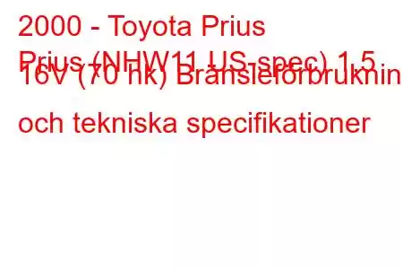 2000 - Toyota Prius
Prius (NHW11 US-spec) 1,5 16V (70 hk) Bränsleförbrukning och tekniska specifikationer