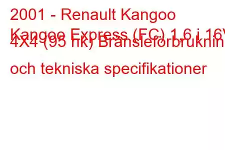 2001 - Renault Kangoo
Kangoo Express (FC) 1,6 i 16V 4X4 (95 hk) Bränsleförbrukning och tekniska specifikationer