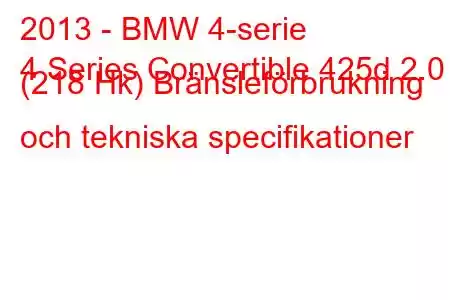 2013 - BMW 4-serie
4 Series Convertible 425d 2.0 (218 Hk) Bränsleförbrukning och tekniska specifikationer