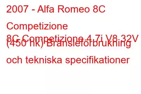 2007 - Alfa Romeo 8C Competizione
8C Competizione 4.7i V8 32V (450 hk) Bränsleförbrukning och tekniska specifikationer