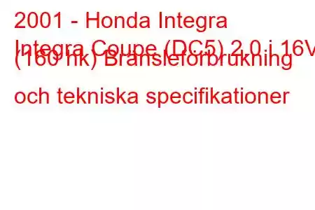 2001 - Honda Integra
Integra Coupe (DC5) 2.0 i 16V (160 hk) Bränsleförbrukning och tekniska specifikationer