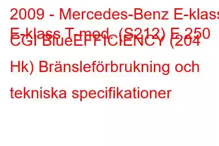 2009 - Mercedes-Benz E-klass
E-klass T-mod. (S212) E 250 CGI BlueEFFICIENCY (204 Hk) Bränsleförbrukning och tekniska specifikationer