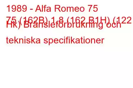 1989 - Alfa Romeo 75
75 (162B) 1,8 (162.B1H) (122 Hk) Bränsleförbrukning och tekniska specifikationer