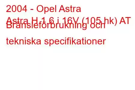 2004 - Opel Astra
Astra H 1.6 i 16V (105 hk) AT Bränsleförbrukning och tekniska specifikationer