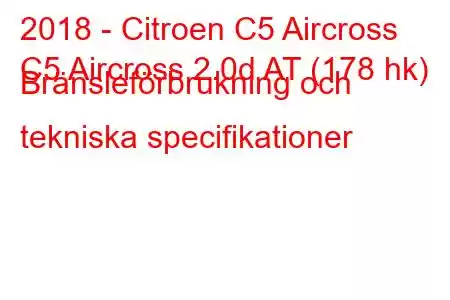 2018 - Citroen C5 Aircross
C5 Aircross 2.0d AT (178 hk) Bränsleförbrukning och tekniska specifikationer