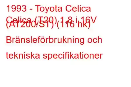 1993 - Toyota Celica
Celica (T20) 1,8 i 16V (AT200/ST) (116 hk) Bränsleförbrukning och tekniska specifikationer