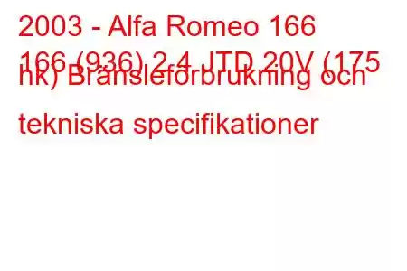 2003 - Alfa Romeo 166
166 (936) 2.4 JTD 20V (175 hk) Bränsleförbrukning och tekniska specifikationer