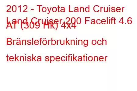 2012 - Toyota Land Cruiser
Land Cruiser 200 Facelift 4.6 AT (309 Hk) 4x4 Bränsleförbrukning och tekniska specifikationer