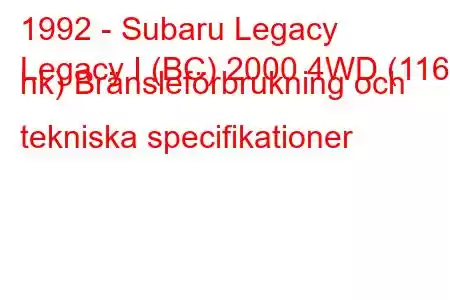 1992 - Subaru Legacy
Legacy I (BC) 2000 4WD (116 hk) Bränsleförbrukning och tekniska specifikationer