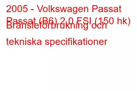 2005 - Volkswagen Passat
Passat (B6) 2.0 FSI (150 hk) Bränsleförbrukning och tekniska specifikationer