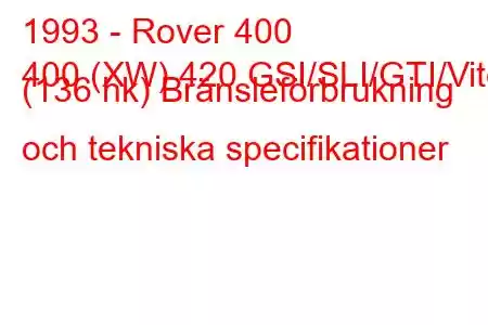 1993 - Rover 400
400 (XW) 420 GSI/SLI/GTI/Vite (136 hk) Bränsleförbrukning och tekniska specifikationer