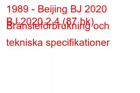 1989 - Beijing BJ 2020
BJ 2020 2.4 (87 hk) Bränsleförbrukning och tekniska specifikationer