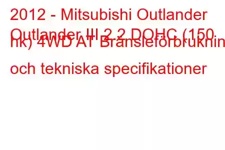 2012 - Mitsubishi Outlander
Outlander III 2.2 DOHC (150 hk) 4WD AT Bränsleförbrukning och tekniska specifikationer