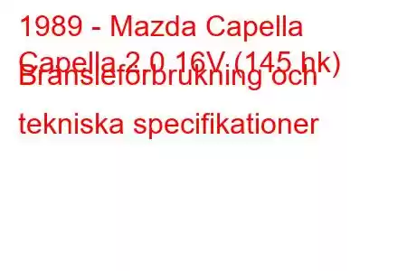 1989 - Mazda Capella
Capella 2.0 16V (145 hk) Bränsleförbrukning och tekniska specifikationer