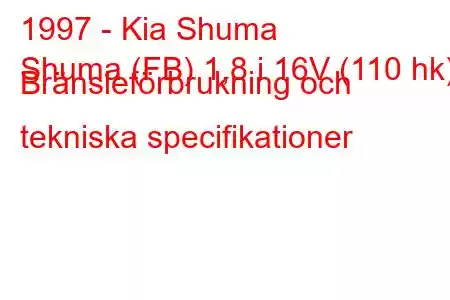 1997 - Kia Shuma
Shuma (FB) 1,8 i 16V (110 hk) Bränsleförbrukning och tekniska specifikationer