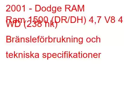 2001 - Dodge RAM
Ram 1500 (DR/DH) 4,7 V8 4 WD (238 hk) Bränsleförbrukning och tekniska specifikationer