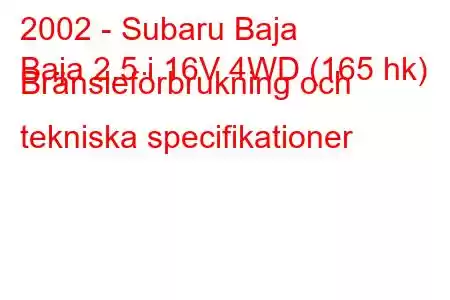 2002 - Subaru Baja
Baja 2.5 i 16V 4WD (165 hk) Bränsleförbrukning och tekniska specifikationer