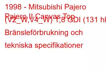 1998 - Mitsubishi Pajero
Pajero II Canvas Top (V2_W,V4_W) 1,8 GDI (131 hk) Bränsleförbrukning och tekniska specifikationer