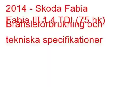 2014 - Skoda Fabia
Fabia III 1.4 TDI (75 hk) Bränsleförbrukning och tekniska specifikationer