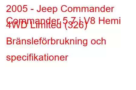 2005 - Jeep Commander
Commander 5.7 i V8 Hemi 4WD Limited (326) Bränsleförbrukning och specifikationer