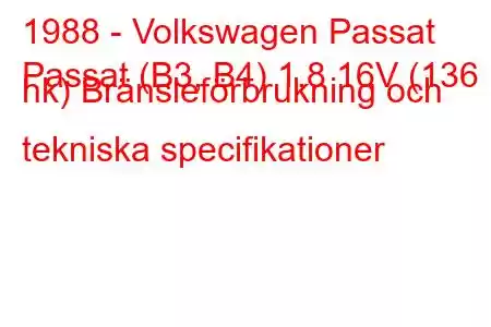 1988 - Volkswagen Passat
Passat (B3, B4) 1,8 16V (136 hk) Bränsleförbrukning och tekniska specifikationer