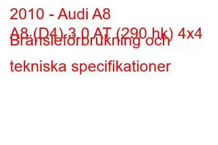 2010 - Audi A8
A8 (D4) 3.0 AT (290 hk) 4x4 Bränsleförbrukning och tekniska specifikationer