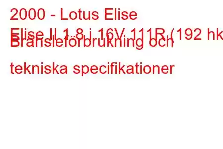 2000 - Lotus Elise
Elise II 1.8 i 16V 111R (192 hk) Bränsleförbrukning och tekniska specifikationer