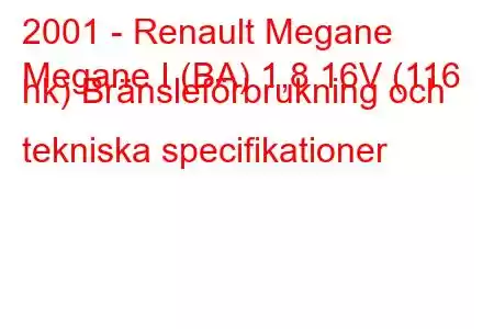 2001 - Renault Megane
Megane I (BA) 1,8 16V (116 hk) Bränsleförbrukning och tekniska specifikationer