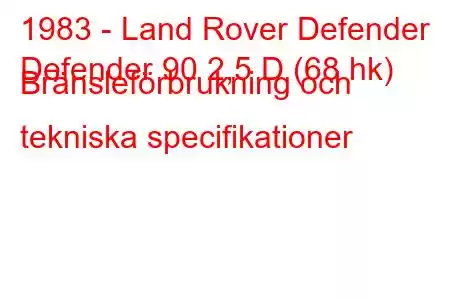 1983 - Land Rover Defender
Defender 90 2,5 D (68 hk) Bränsleförbrukning och tekniska specifikationer