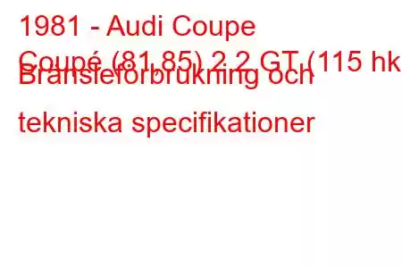 1981 - Audi Coupe
Coupé (81,85) 2,2 GT (115 hk) Bränsleförbrukning och tekniska specifikationer