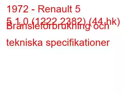 1972 - Renault 5
5 1,0 (1222,2382) (44 hk) Bränsleförbrukning och tekniska specifikationer